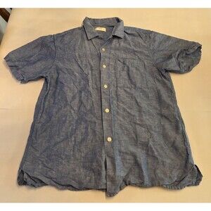 Uniqlo Linen Blend Short Sleeve Button Up Shirt Mens M Blue Lightweight Casual